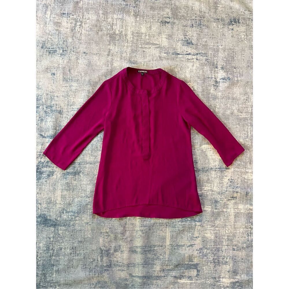 Express Fuchsia Pink Purple 3/4 Sleeve Zip Neckline Blouse Women's Small